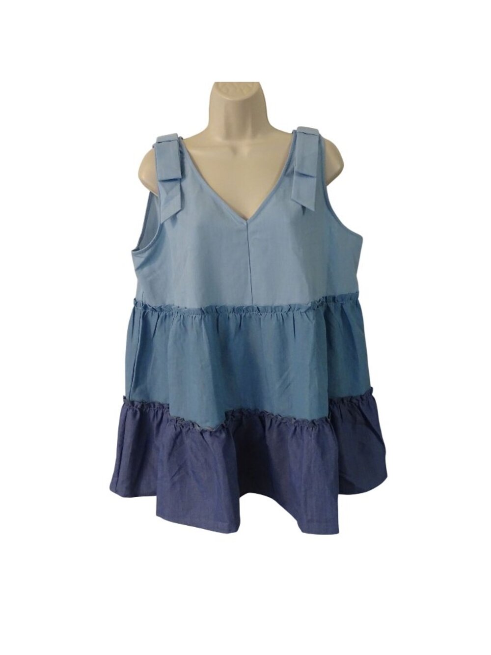 Ott Women Tiered Sleeveless V-Neck Babydoll Tank Top Blue Size 1X Casual NEW